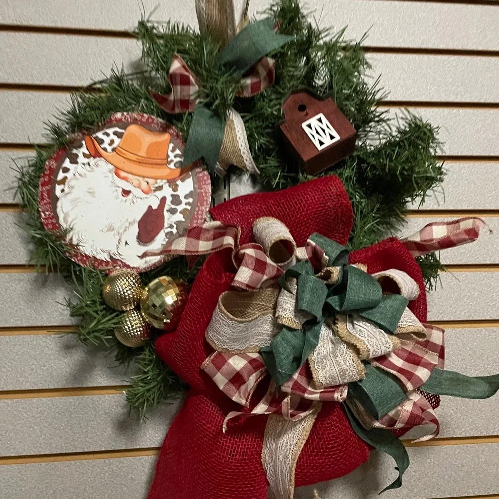 Cowboy Santa Christmas Wreath, Farmhouse Rustic Holiday Pine Wreath, Decor‎ 14